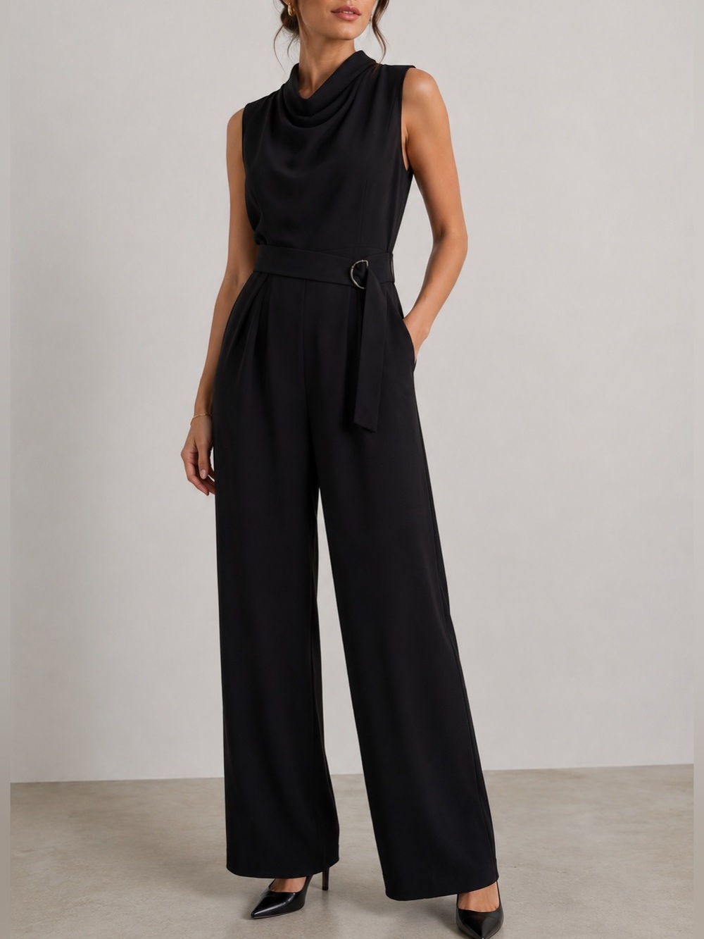 Alex Marie Black Sleeveless Cowl-Neck Wide-Leg Jumpsuit with D-Ring Belt